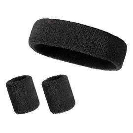 Sweatband Set Sports Headband Terry Cloth Wristband Moisture Wicking Sweat Absorbing Head Band Athletic Exercise Basketball Wrist Sweatbands and Headbands (Black, One Size)