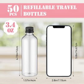 Yiyiring 50 Pack 3.4 oz Travel Bottles Plastic Empty Bottles Leak Proof with Aluminium Screw Cap Portable Dispensing Squeeze Refillable Containers for Travel Liquid Essential Oil (Black)