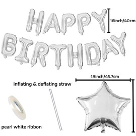 Silver Happy Birthday Balloons Banner for Boys Girls 16 Inch Mylar Foil Letters with Foil Star Balloons for Girls Boys Kids Adults Birthday Decorations