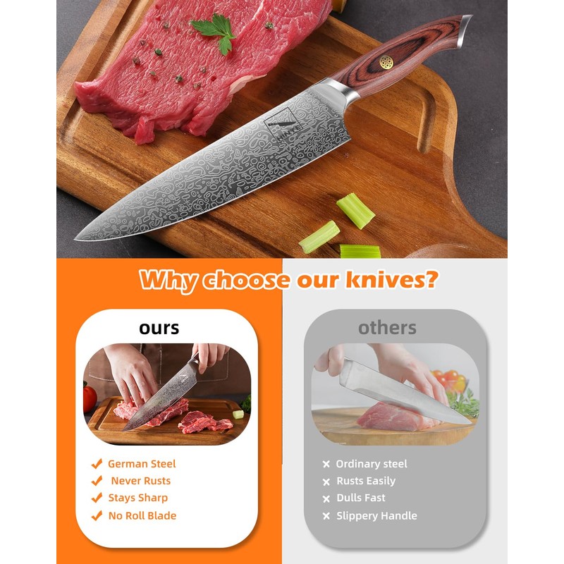 Hinye 8" High Carbon Stainless Steel Kitchen Chef Knife, Redwood