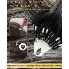 Hetto Micro Loop Hair Extensions Human Hair Ombre Black Micro Bead Hair Extensions Real Human Hair Off Black to Sliver With Black #1b/Sliver Micro Ring Hair Extensions 16 Inch 50g 50s