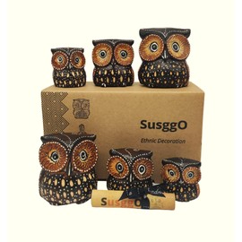 SusggO Set of 6 Small Wooden Owls - 3 Sizes - Decorative Figurines - Brown