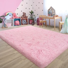 ULTSOFE 5x8 Pink Fluffy Rug for Girls Bedroom Soft Carpet, Large Cute Pink Fuzzy Shag Furry Area Rugs for Classroom Living Room Nursery Dorm Baby Kids Room Home Decor, Modern Indoor Non Slip Rug
