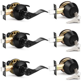 Probrico Entrance Lever Door Handle, Reversible for Right and Left Side, Double Cylinder deadbolt Set, Flat Black Finish Keyed Alike Combo 3 Pack