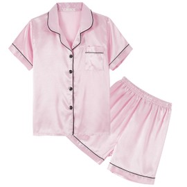 Hupohoi Unisex Kids Boys and Girls Pajama Sets Summer Short Sleeve With Shorts Sleepwear Silky Button Down Loungewear, 2pcs-Pink, 12