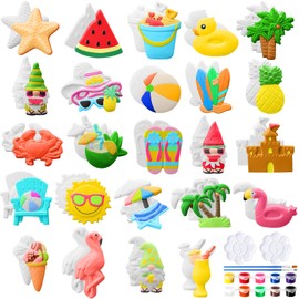 WinnerWhy 24 Pcs Summer Beach DIY Painting Ceramic Kit for Kids Paint Your Own Ceramic Unpainted Plaster Figurines with Tools for Kids Adults Home School Activity Party Favor(Summer)
