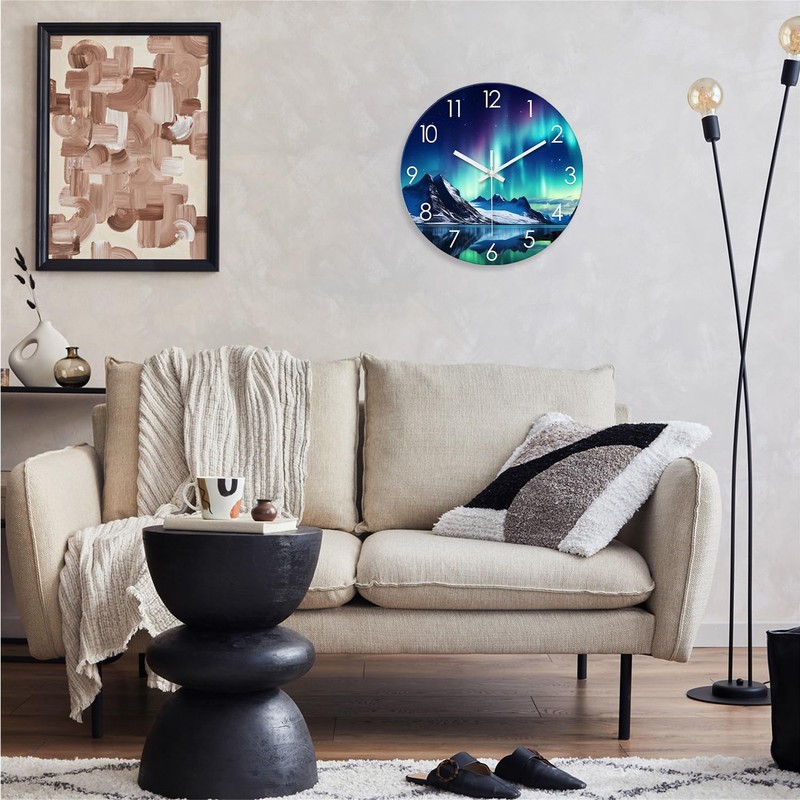 XNM Teal Landscape Kitchen Clocks 14 Inch Glass Wall Clocks