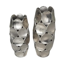 Deco 79 Aluminum Metal Decorative Vase Geometric Open Framed Centerpiece Vases with Circular Plates, Set of 2 Flower Vases for Home Decoration 13", 11" H, Silver