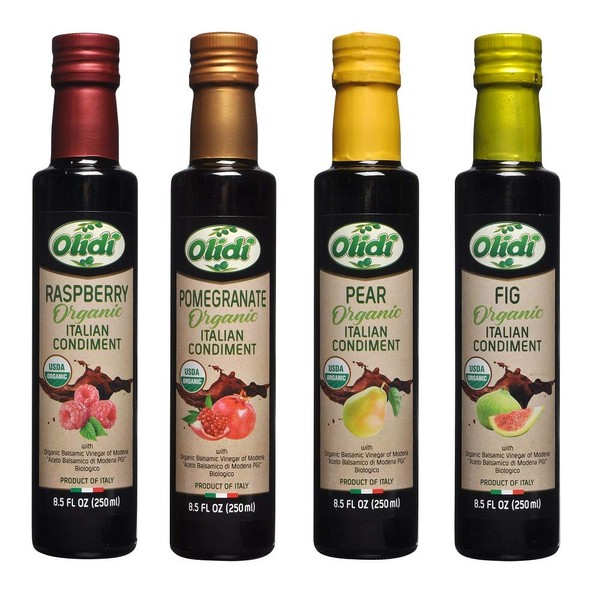 Olidi Organic Balsamic Vinegar Of Modena Set 4, Fig/Pear/Raspberry/Pomegranate, 4 Count