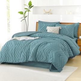 Litanika Grayish Teal King Size Comforter Set with Sheets - 7 Pieces Bed in a Bag King Boho Tufted Complete Bedding Sets with Comforter, Sheets, Pillowcases & Shams