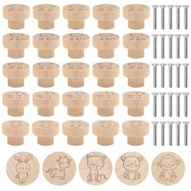 JReHuiG Pack of 25 Wooden Furniture Knobs, Animal Prints Cabinet Handles, Round 25 x 35 mm Wooden Handle, Wooden Knob for Cabinet, Dresser, Living Room, Drawers, Cupboard, Kitchen (25)