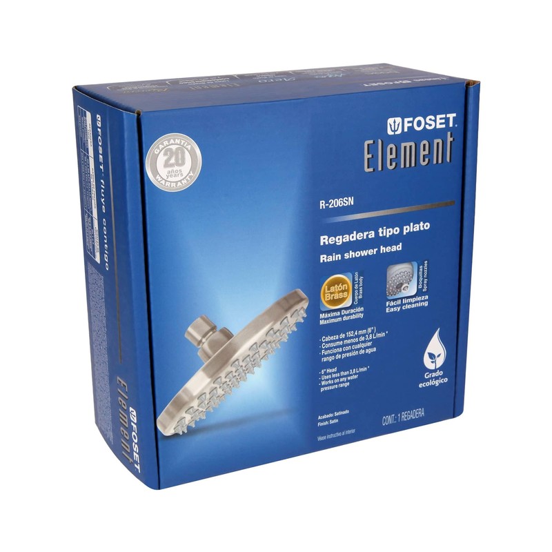 Foset Element R-206SN, Regadera de latón, 6", sin brazo, satinado,