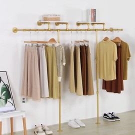WJJAYY Gold pipe clothing rack for Hanging Clothes rack,Wall Mounted Clothes Rack With 2 Shelves,Heavy Duty Gold Industrial Pipe Clothing,Retail Display Closet Storage Clothes Organizer