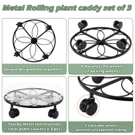 DEELF OUTLET 3 Packs 13.5 inches Metal Heart Outdoor Plant Caddy with Wheels Large Rolling Plant Stands Rolling Plant Dolly Heavy-Duty Plant Roller Base Movers for Indoor and Outdoor