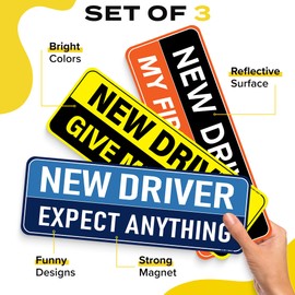3-Pack HEY-OKEY New Student Driver Magnet for Car – Metal Only (Not for Plastic/Aluminum) – Funny Please Be Patient Reflective Magnetic Bumper Sticker – Removable Rookie Safety Signs – 10 x 3.5 in