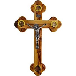 Jerusalem Medium Olive Wood Cross Crucifix with Holy Essences