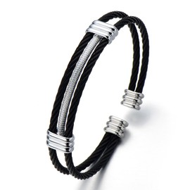 COOLSTEELANDBEYOND Mens Womens Stainless Steel Twisted Cable Adjustable Cuff Bangle Bracelet Silver Black Two Tone