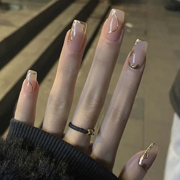 Kamize Medium Fake Nails Square Press on Nails Tips Gold