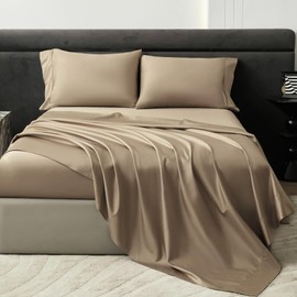 PURE ERA Sheet Set 800 Thread Count Long Staple Cotton Sateen Silky Soft Smooth Hotel Luxury 4 Piece Bed Sheets Set Queen Size, Deep Pocket up to 16" (Dessert Beige, Queen)