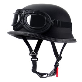 Motorcycle Helmet,Summer Handmade Personality Vintage DOT Approved, German Style Half Helmet Motorcycle Cruiser Scooter Cool for Men and Women (Large, Black with Glasses)