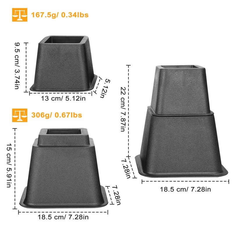 8pcs Adjustable Furniture Risers 500kg 1100lbs Capacity Bed Lifters for