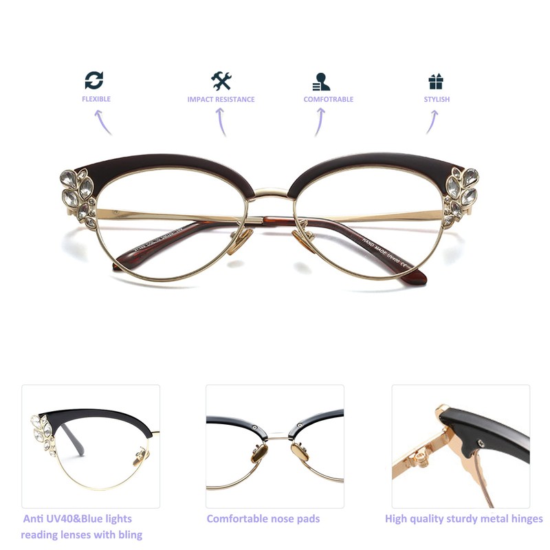bullabulling Rhinestones Bling Bling Cateye Reading Glasses Women Blue Light