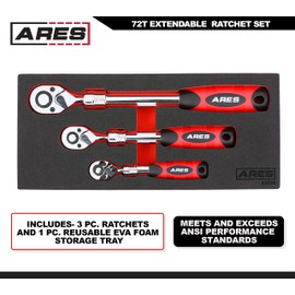 ARES 42055-3-Piece 72-Tooth Extendable Ratchet Set - Chrome Vanadium Steel - Mirror Polish Chrome Finish - Comfort Grip Injection Handle - Quick Release Socket Change - 72-Tooth Reversible Design