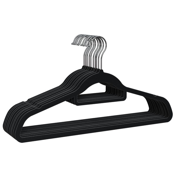 PORTENTUM Pack of 10 Black Velvet Hangers, Accessory Holder, 360º Rotating Hook, Space Saving, Notches for Clothes, Non-Slip Hangers, For All Types of Clothes