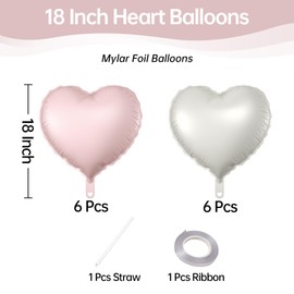 KALOR Pastel Pink and Sand White Heart Balloons, 12Pcs 18 Inch Heart Shaped Foil Balloons for Valentines Day, Wedding, Bridal Shower and Birthday Party Decorations