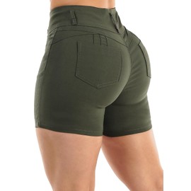 Moda Xpress Womens Juniors Olive High Waist Butt Lift Stretch Mid Thigh Shorts 12112C