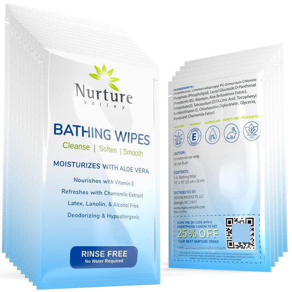 Nurture Rinse Free Bathing Wipes for Adults w/Aloe Waterless Cleansing for sensitive skin Disposable Adult Body Bath Wet Wipe for Disabled Bedridden (Pack of 40 (individually wrapped))