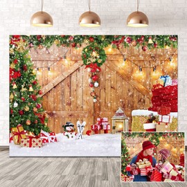 DHXXSC 8X6FT Christmas Backdrop Rustic Christmas Barn Door Christmas Tree Backdrop Xmas Backdrop Merry Christmas Plank Wall Festive Wonderland Party Background Birthday Baby Shower Backdrop DH-220