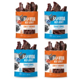 BAJA BEEF Jerky Snack Packs - Beef Jerky Variety Pack, Beef Jerky Gifts for Men, Beef Jerky Sampler, High Protein Craft Jerky Assortment, Gluten Free - Traditional & Sweet Orange, 2.5 Oz Bags (4 Pack)