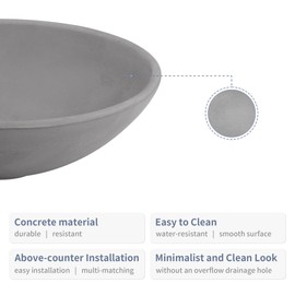 16" Modern Vessel Sink for Bathroom - Small Round Bowl Above Counter - Concrete Light Gray Smooth Surface