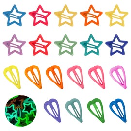 Pack of 10 Luminous Star Hair Clips + 10 Luminous Peach Hearts in Mixed Colours, Colourful Luminous Star Hair Clip with Press Studs, Kawaii Hair Clips for Women and Girls