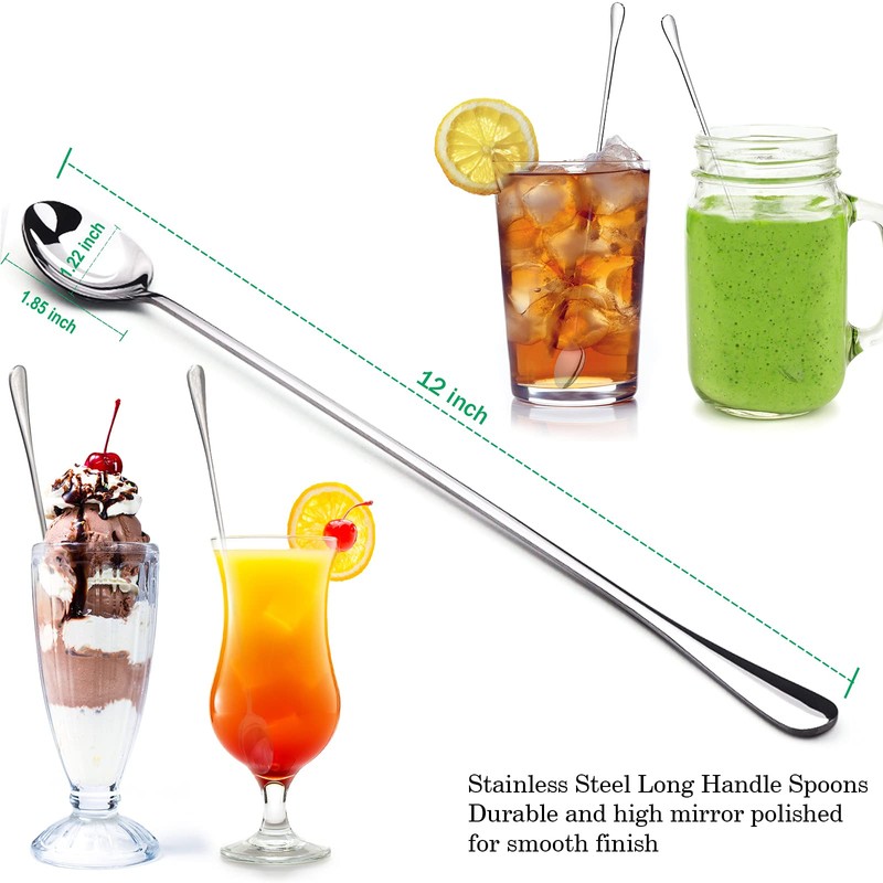 GLAMFIELDS 12-Inch Long Handle Mixing Spoons, Iced Teaspoons, Ice Cream