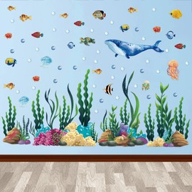 300 Pcs Under The Sea Wall Decals 2 Sheets Ocean Wall Decals Stickers Large Coral Reef and Seaweed, Bubbles Vinyl Sticker Underwater Sea Stickers for Toddler Baby Nursery Living Room Office Bathroom