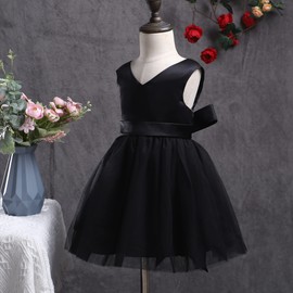 TENTIDE Baby Girl Black Dress Wedding Sleeveless V Neck A-line Bridesmaid Party Dresses Princess Tulle Ball Gown (Black,3-6 Month)