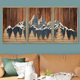 SIGNWIN Framed Canvas Print Wall Art Set Country Wood Panel Mountain Forest Nature Wilderness Illustrations Modern Art Decorative Farmhouse Zen for Living Room, Bedroom, Office - 16"x24"x3 Natural