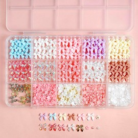 Kawaii Colourful Bow Nail Charms, 3D Pink and White Flower Charms for Nails, Flat Pearls Nail Design for Women Manicure DIY Crafts Art Accessories
