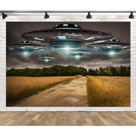 Loccor 7x5ft Fabric UFO Backdrop Field Science Fiction Alien Spacecraft Flying Sauce Background UFO Birthday Party Decorations Kid Boy Portrait Photo Booth Studio Props