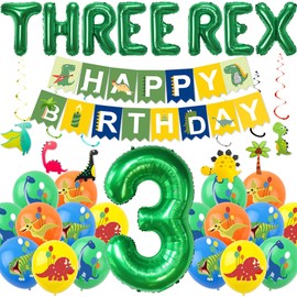 Dinosaur 3rd Birthday Decorations for Boys - Green Themed Three Rex and Number Foil Balloons, Dino Happy Birthday Banner Dinasour Hanging Swirls Decor for Kids 3 Years Old Jungle Party Supplie