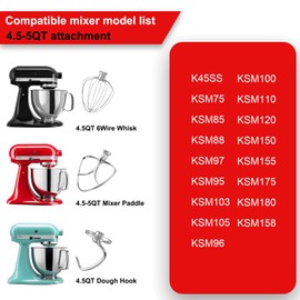 Stainless Steel Kitchen Mixers Accessories for KitchenAid Mixer and 4.5-5 Qt Bowl (K45WW 6-Wire Whip, 4.5-5QT Flat Beater Paddle, 4.5-5QT Dough Hook Attachment) Dishwasher safe