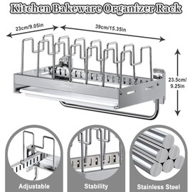 Kitchen Pots and Pans Organizer Under Cabinet, Pot Rack with 7 Adjustable Dividers, Steel Cutting Board Holder & Water Tray & Hanging Rack, Wall Mount Cookie Baking Sheet Pan Pot Lid Organizers