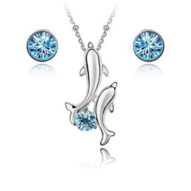 Crystalline Azuria Jewelry Set Crystals Blue Simulated Aquamarine Crystal Dolphin Pendant Necklace for Women Stud Earrings 18K White Gold Plated Necklace