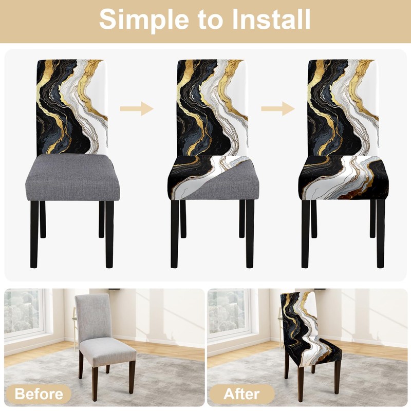 ANNA QUEEN Gold and Black Marble Chair Covers for Dining