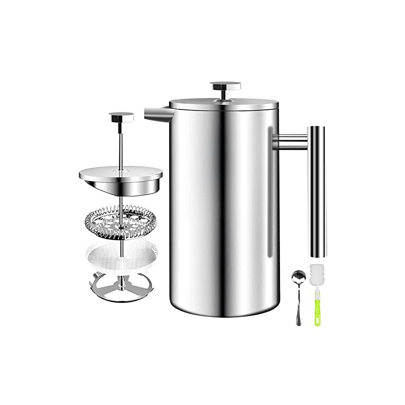 Prensa Francesa Acero Inoxidable 350ML,Filtro 3 Niveles,Doble Pared