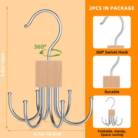 2 Pcs 360° Swivel Belt Hangers for Wardrobe, Tie Rack Hanger with 6 Hooks, Suitable for Tie, Belt, Gloves, Scarves, Handbags (Wood Color)