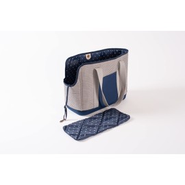 LeftPine x P.L.A.Y. Deluxe Dog Carrier Purse - Soft Sided Pet Travel Tote for Small Dogs & Puppies with Built-In Safety Leash - Machine Washable Liner, Exterior Pocket, Magnetic Closure (Navy Striped)