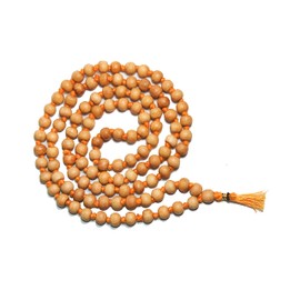 IS4A 8MM TULSI HOLY BASIL PRAYER BEADS JAPA MALA NECKLACE HAND KNOTTED. KARMA (108+1) BEADS. BLESSED & ENERGIZED HINDU TIBETAN BUDDHIST SUBHA ROSARY (ORANGE TESSEL)